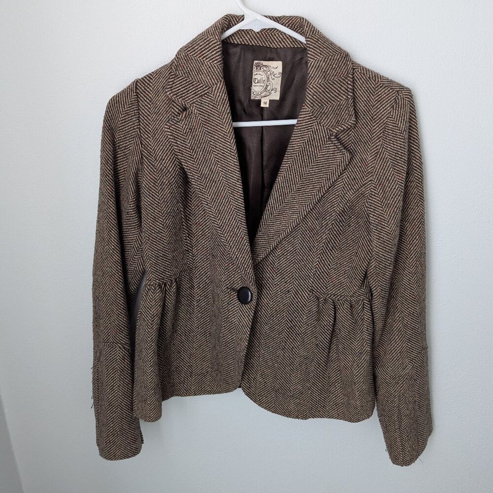Tulle by Anthropologie Wool Blend Herringbone Brown Blazer, Medium